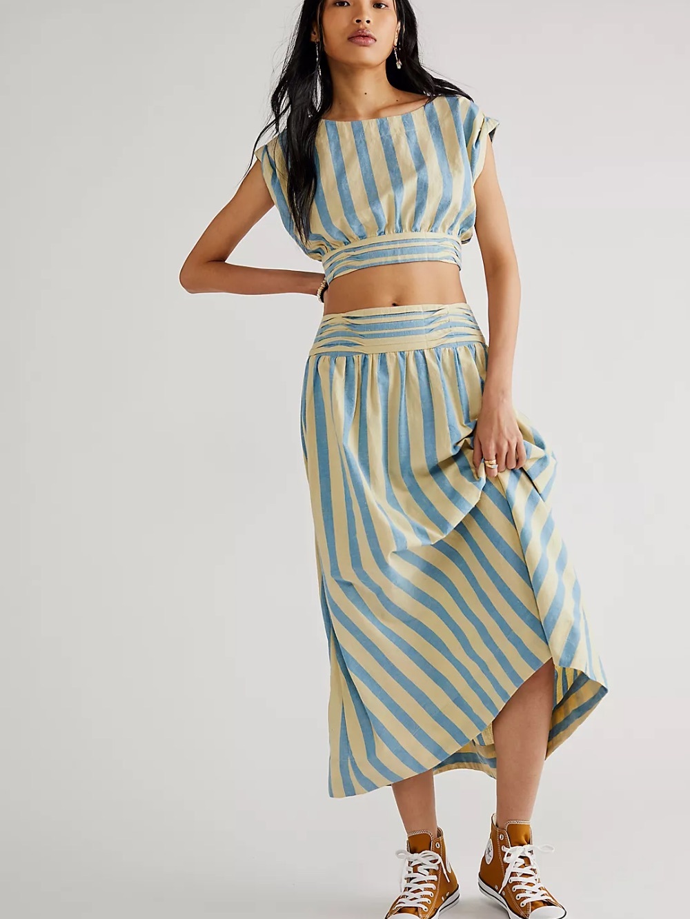 Free People Whattasight Set Blue and Cream Striped Maxi Skirt and Top Coastal